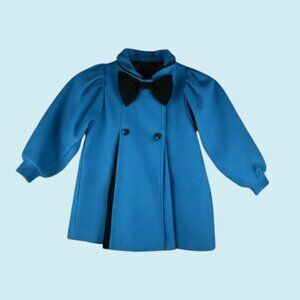 VTG Doren Girl Dress Coat Size 4 Blue Wool Black Velvet Trim & Bow Holiday Party